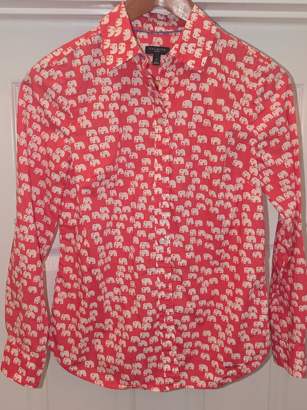 Talbots Coral Pink Elephant-Print Button Down Shirt
